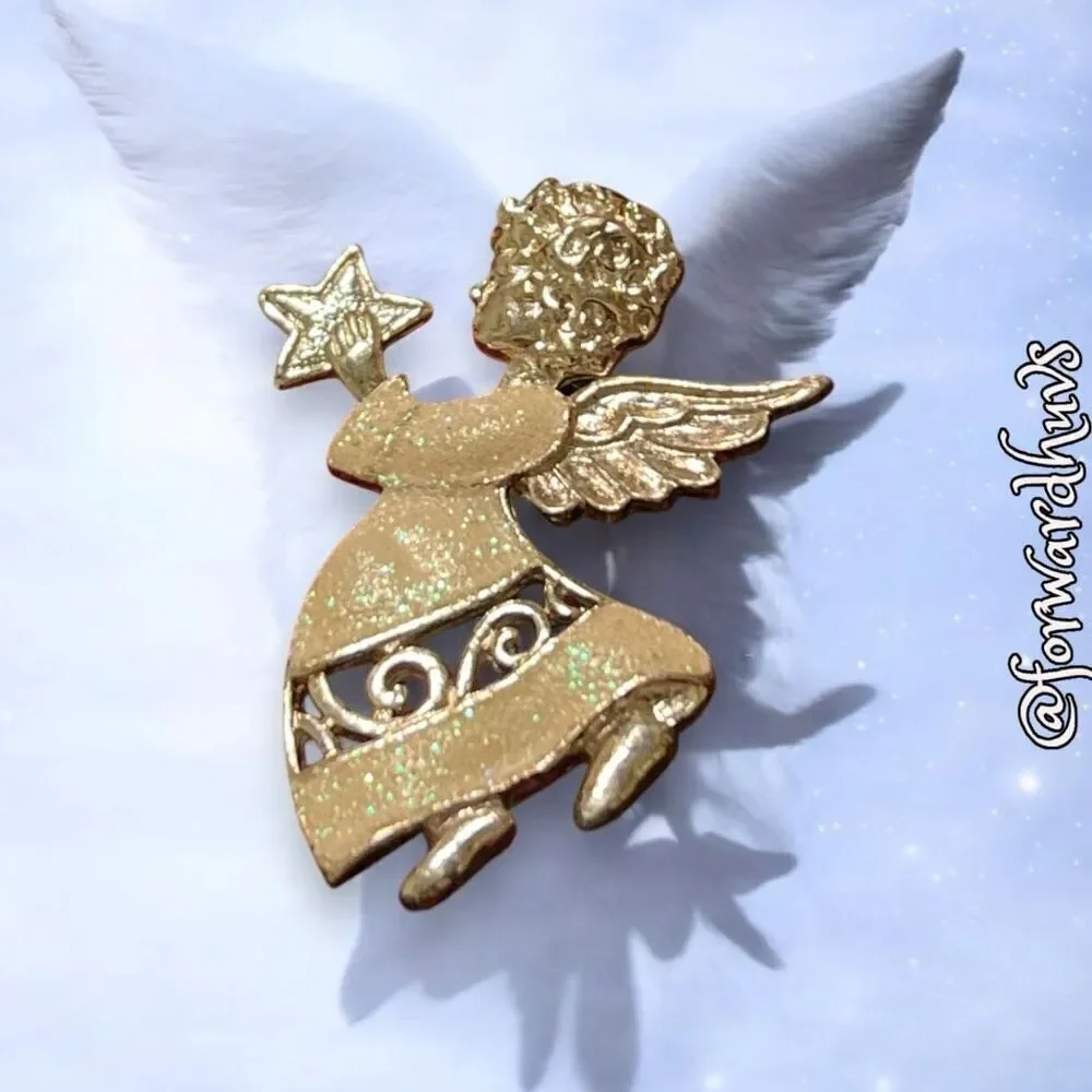 Sparkling Silvertone Angel Brooch with Enamel Dress